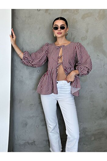 King Brothers Poplin Striped Balloon Sleeve Bow Women's Blouse