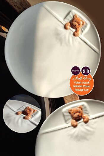 Anadolu Saray 6'lı Beyaz 19cm Seramik Yatan Ayı Şekilli Tasarım Handmade Pasta Tabağı Tatlı Kahvaltı Pasta Tabağı