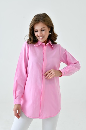 enmodaiçgiyim Pink Basic Long Women's Shirt – Comfortable Fit, Loose, Pocketless, Plain, for Daily and Office Combinations