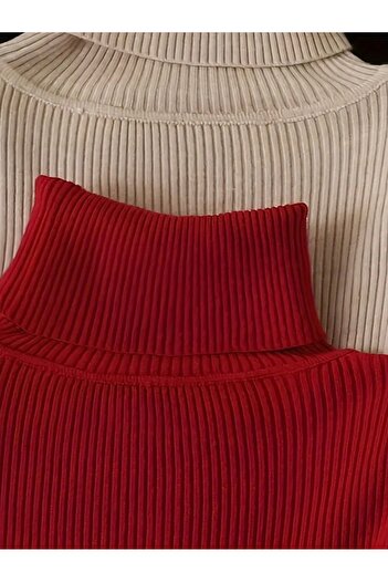Buteks Unisex Kırmızı - Bej - Siyah 3’lü Premium Pamuklu Balıkçı Yaka Şardonlu Slimfit Boğazlı Kazak