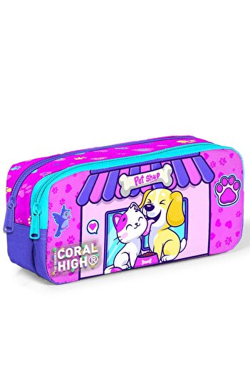 Coral High Kids Cat Dog Patterned Two Compartment Pencil Bag 12079