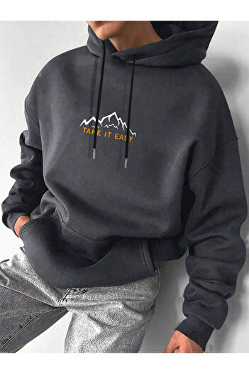 Revasser Unisex Kadın/Erkek TAKE Renkli Özel Baskılı Pamuklu Oversize Kapüşonlu Sweatshirt