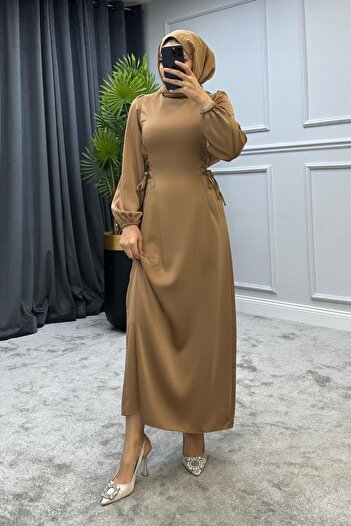 KaSheHa Elenor Waist Tied Satin Hijab Dress Mink