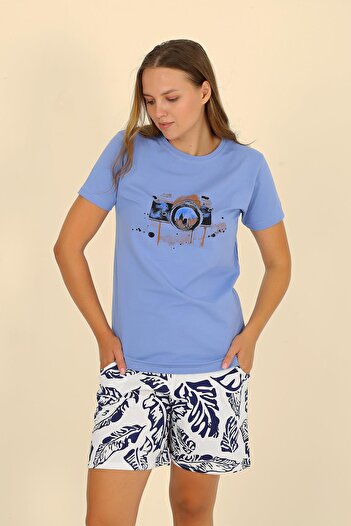 Akbeniz Kadın Şortlu Kısa Kol Penye Pijama Takımı Mavi 3622