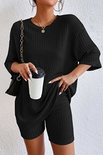 Merry See Short Sleeve Knitted Shorts Set - Top and Bottom Set