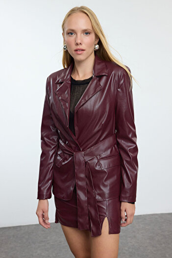Trendyol Collection Burgundy Faux Leather Belted Blazer Jacket Twoaw25Bc00001