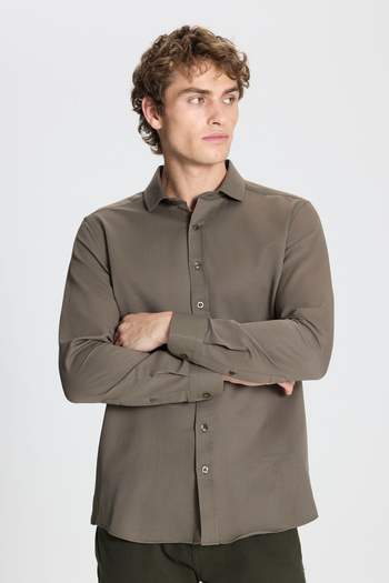 AC&Co / Altınyıldız Classics Men's Khaki Slim Fit Narrow Cut Italian Collar Dobby Shirt