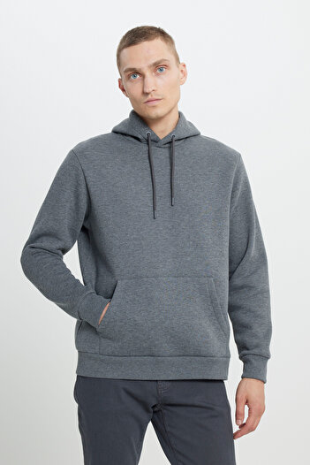 AC&Co / Altınyıldız Classics Men's Anthracite-melange Standard Fit 3 Thread Hooded Cotton Sweatshirt with Fleece Inside