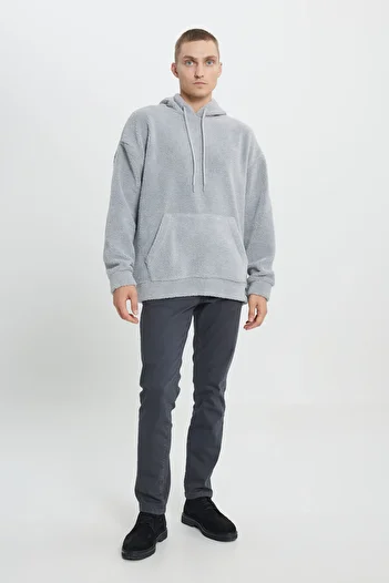AC&Co / Altınyıldız Classics Męska jasnoszara, oversize’owa, luźna bluza polarowa z kapturem typu sherpa