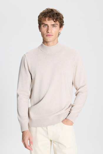 ALTINYILDIZ CLASSICS Beige Melange Men's Knitwear Sweater - Half Turtleneck, Standard Fit
