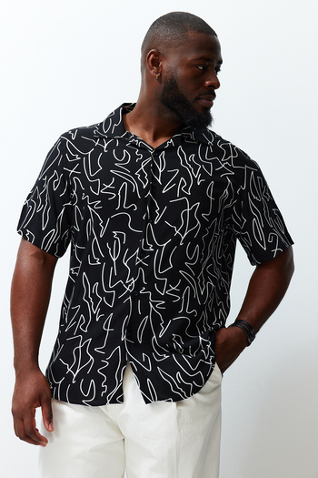 Trendyol Collection Black Viscose Print Loose Summer Shirt - Regular Fit, Plus Size Tmnss24Ax00011