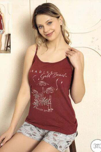 EMINNA Claret Red Women's Pajama Set with Rope Strap Shorts
