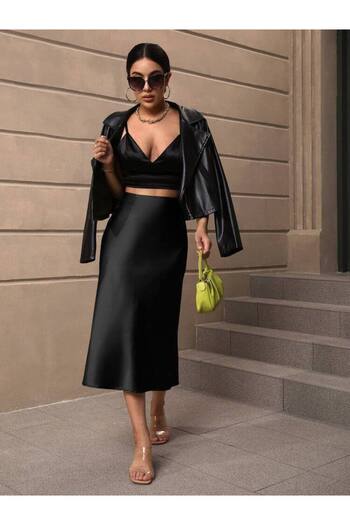 Fiori Fusta Midi din Satin - Talie elastica
