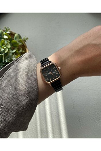 ÇENÇEN Siyah Kordon Rose Kasa Analog Çelik Kadın Kol Saati