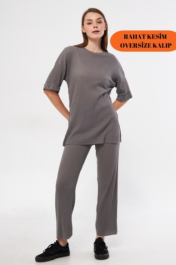 Oyga Women's Smoked Pajamas Set - Short Sleeve, Ribbed and Lycra, Report and Sweatpants Casual Homewear