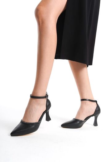 Preshley Black Stone Detailed - Ankle Strap Women's Heeled Shoes