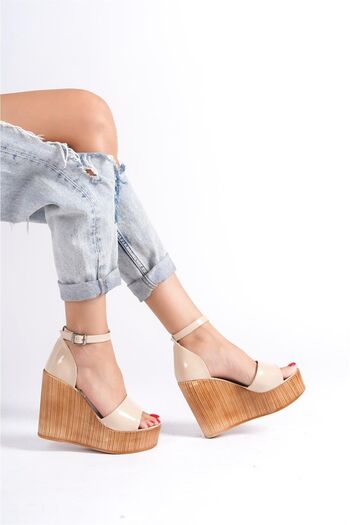 Preshley Women's Verla Beige Patent Leather Single Band High Wedge Sole Shoes