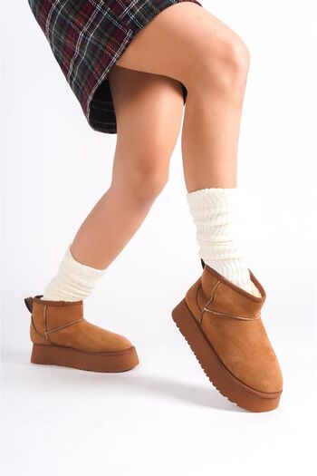 Preshley Μίνι μποτάκια Palermo Tan Suede - Με γούνα στο εσωτερικό, χοντρή σόλα (4,5 cm)