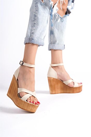 Preshley Women's Verla Beige Cross Band High Heel Wedge Sole Shoes