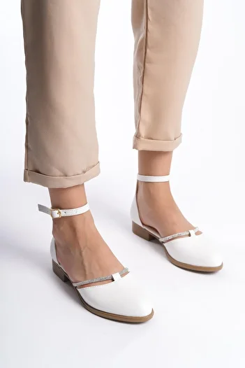 Preshley Women's Trey White Skin Stone Detailed Open Sides Ballerinas
