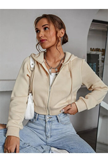 Fun Fashion Γυναικεία ζακέτα με κουκούλα μπεζ με φερμουάρ Oversize με 3 νήματα από χοντρή ράστερ