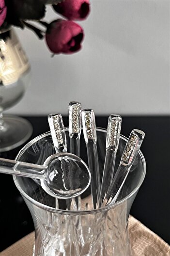 DECOSTYLE 6 Pieces Chain Stoned Glass Teaspoon - Length 11cm, Mouth Width 1.75 cm