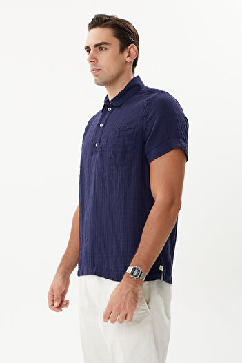hateko 100% Cotton Navy Blue Muslin Polo Neck T-Shirt