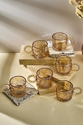 Perotti Ringo Stone Amber 6'lı Boncuk Kulplu 100ml Cam Fincan Espresso Ve Türk Kahvesi Fincanı