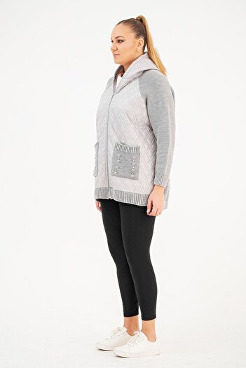 EVEN plus size Gri Kapitoneli Kapşonlu Büyük Beden Kadın Ceket