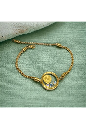 zeynep Z&D Accessory 316 L Gold Burguzincir Fanuslu Çeyrekli Kolye ve Bileklik Seti