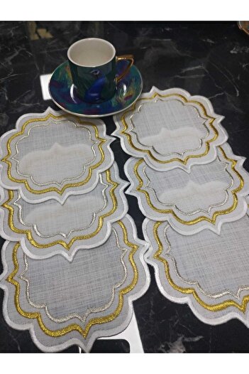 LASETU Ecru Gold and Silver Detailed Cocktail Napkin and Coffee Side Presentation Napkin 6 Pieces