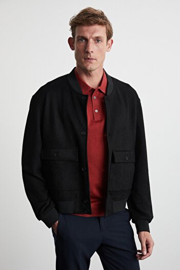 GRIMELANGE Preppy Men's Organic Cotton Double Pocket Buttoned Regular Fit Round Collar Black Jacket