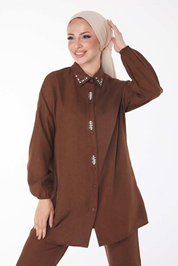TOFİSA Brown Stone Detailed Plain Shirt Collar Women's Double Set - 13235