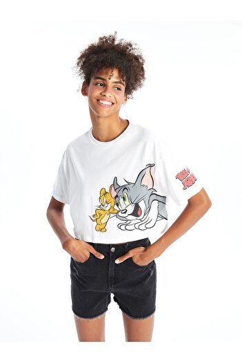 LC Waikiki Tricou oversize pentru femei cu guler rotund cu imprimeu Tom&Jerry - mânecă scurtă