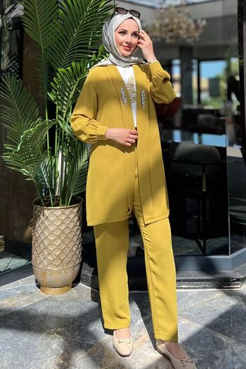 julude Stone Embroidered Oil Green Blouse, Jacket and Trousers - Hijab Triple Set