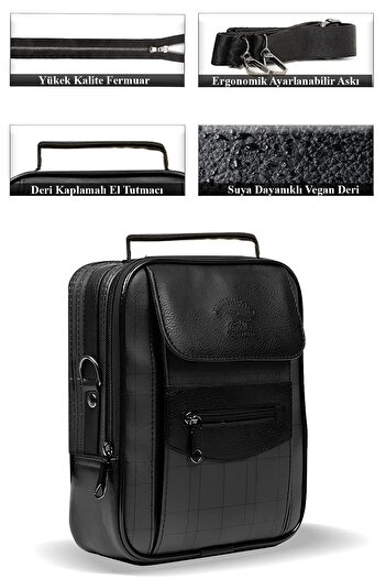 AVCA Black Leather Plaid Men's Hand Shoulder Bag with Phone Compartment Medium Size