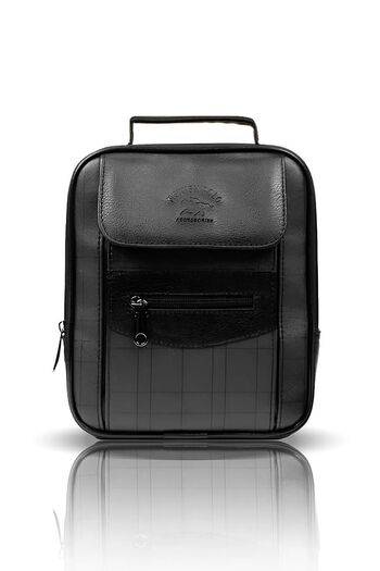 AVCA Black Leather Plaid Men's Hand Shoulder Bag with Phone Compartment Medium Size
