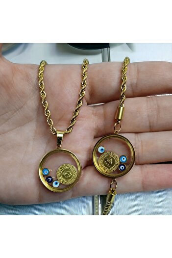 zeynep Z&D Accessory 316 L Gold Burguzincir Fanuslu Çeyrekli Kolye ve Bileklik Seti
