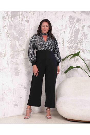 Butik Nilyam Women's Plus Size Half Fisherman Chest Low-Cut Sequin Embroidered Flexible Evening Dress Jumpsuit 24174