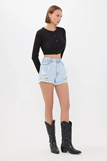 Hiccup Long Sleeve Bike Collar Buttoned Crop Top