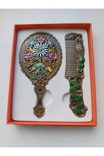 GALATA GIFT Σετ Χτένι Καθρέφτη Δώρου, Λουλουδάτο, Μεταλλικό, 15x12