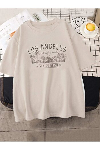 Altamira Μπλουζάκι Unisex Beige Los Angeles Printed Oversize