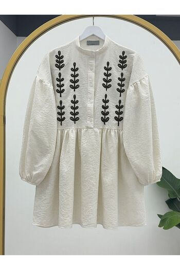 HİJABAYA Linen Tunic - Half Button and Poncho Embroidered