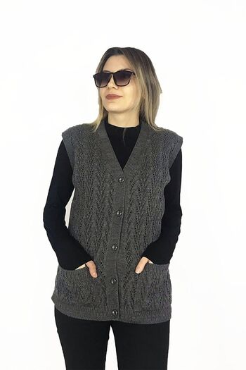 BARLAS TRİKO V-Neck Knitwear Mother Vest - Thick Wool, Buttoned Pocket