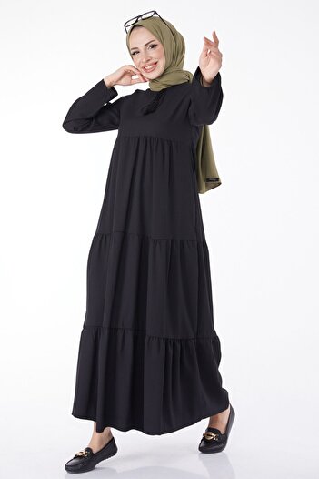 TOFİSA Straight Chief Collar Women's Black Gathered Lace Detailed Dress - 13145
