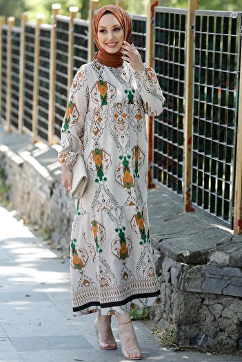 TOFİSA Tan Women's Dress, Plain Crew Neck - 10369