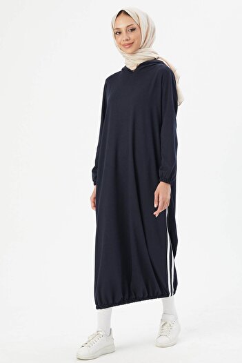 TOFİSA Γυναικείο φόρεμα Navy Blue Hooded - Απλό γιακά με κουκούλα, Μοντέλο 5257
