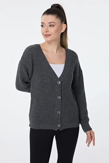 TOFİSA Anthracite Colored Plain Double Breasted Women's Knitwear Cardigan - 23705
