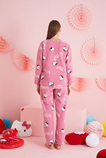 Siyah İnci Hello Kitty Lisanslı Polar Pembe Çok Renkli Bisklet Yaka Pijama Takım HK333