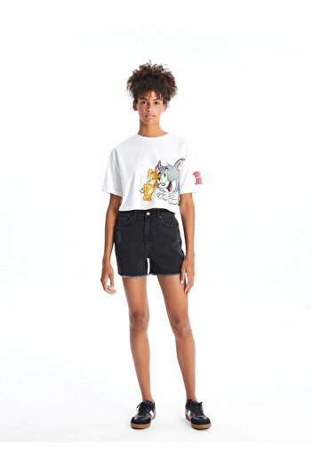 LC Waikiki Tricou oversize pentru femei cu guler rotund cu imprimeu Tom&Jerry - mânecă scurtă
